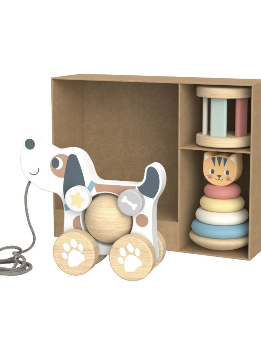 Montessori Wooden Pull Along Dog Toy & Stacking Rings Gift Set New